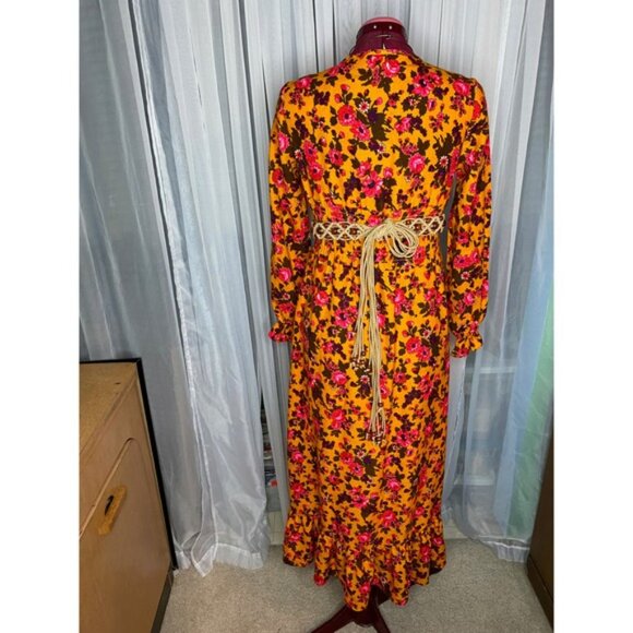 1970s peasant dress floral boho flowerpower mustard pink - Picture 11 of 13